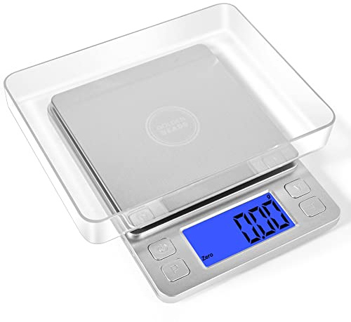 Digitale Waage, 0,01 g bis 500 g, hochpräzise Küchenwaage mit hintergrundbeleuchtetem LCD-Display, multifunktionale Lebensmittelwaage mit Tablett, Tara und Mini-Küchenwaage