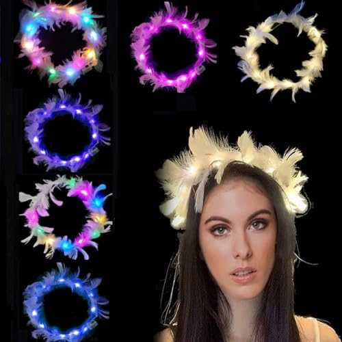 Ghirlanda Di Piume A LED, Ghirlanda Di Piume Luminose, 6 Pezzi Piuma D'Oca Ghirlanda Copricapo Incandescente, Coroncine Fiori Per Capelli Bambina, LED Fiori Per Capelli Fascia Capelli Donna