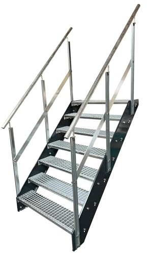 Kaminbau Mierzwa Premium Stahl Treppe mit beidseitig verzinktem Geländer/Wangen Anthrazit RAL 7016/7 Stufen verzinkt (Breite 1400 mm) (Höhe 133 cm) Wetterfest Gitterroststufe Gartentreppe
