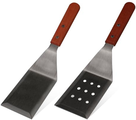 Realand Metallspatel zum Kochen von Gusseisen, 2 Stück Grillspachtel, robustes Edelstahl-Spatel-Set, flacher Grillspatel, Fisch-Burgerspatel, Pfannenwender für die Küche, starker brauner Griff