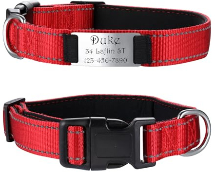 MeMeDIY Personalisierte Nylon-Hundehalsband mit Eingraviertem Namen Haustier-ID-Tag Leises Typenschild aus Edelstahl Verstellbares Halsband für Kleine/Mittlere/Große Hunde -Rot, L