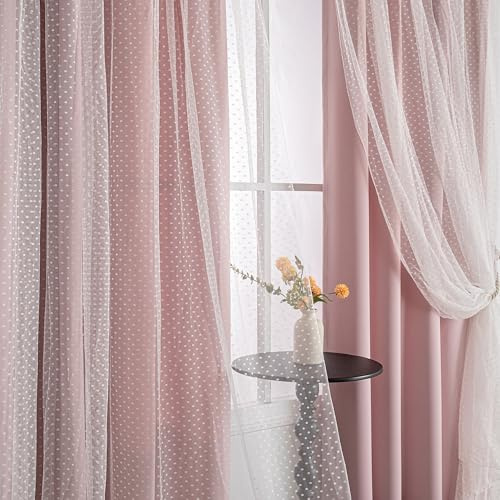 MYSKY HOME Pink Blackout Curtains for Girls Bedroom & Nursery Kids Blush Princess Double Layer Drapes, Polka Dots Sheer, Grommet Tops, 52x84 Inch, 2 Panels