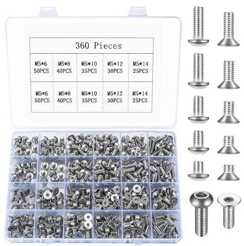 360 Pcs M5 Metric Hex Socket Head Cap Screws & Bolts Set, 180 Countersunk & 180 Flat Head Screws - 6mm/8mm/10mm/12mm/14mm, Silver