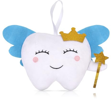 XIHIRCD Tooth Cute Fairy Pillow with Wings & Pocket, Embroidered Tooth Bag/Pouch Small Smile Fairy Lost First Gift (Blue)