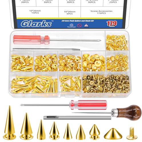 Glarks 355pcs Golden Punk Spikes and Studs Kit, 7 Sizes Zinc Alloy Cone Spike and Stud Rivet, Metal Leather Tree Spikes Studs with Scratch Awl Screwdriver Punch for Punk Clothing Jacket Shoes Wallet