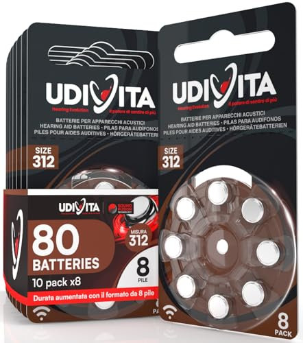 80 Batterie Per Apparecchi Acustici Udivita Auricolari PR41 Misura 312 (Marroni) con Tecnologia Phono Pulse - 10 Blister da 8 Pile