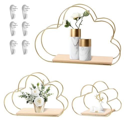 Gemsaya Wolkenform Wandregal Metall 3er Set, Wanddeko Hängeregal Schweberegal in 3 Größen, Wolkenform Regale für Wohnzimmer, Schlafzimmer, Bad, Flur, Café, Wohnung (Gold)