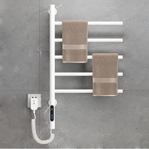 Soflightmok Scaldasalviette Elettrico Riscaldato, Scaldasalviette Rotante da Parete, Scaldasalviette in Acciaio Inox A 5 Barre con Timer Integrato/Touch Screen/Temperatura 45-70℃/Impermeabile,White