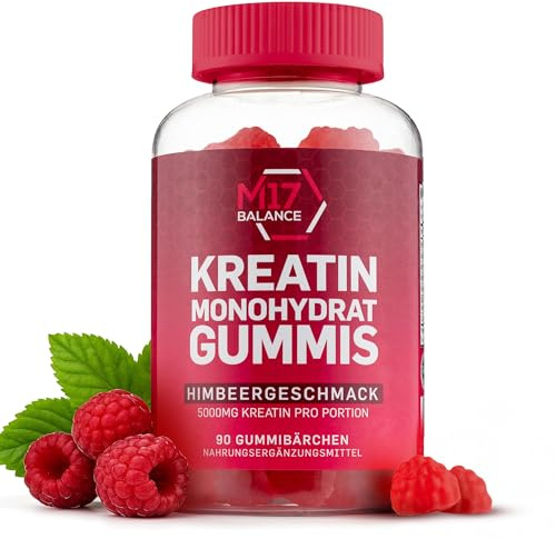 Creatin Monohydrat Gummibärchen - 5000 mg Kreatin mit BCAAs & L-Carnitin pro Dosis - Für Muskelaufbau - Zuckerfrei, Anti-Schmelz-Formel, Vegan, Glutenfrei - 30 Portionen (90 Stück, Himbeere)