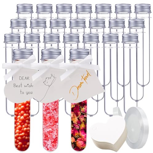 XIAQICA 24 Stück Reagenzglas mit Schraubverschluss 45ml Transparent Reagenzgläser Kunststoff mit 25 Herzform Anhänger, 1 Rolle Ribbon, Probenröhrchen für SüßIgkeiten Blume Gewürze