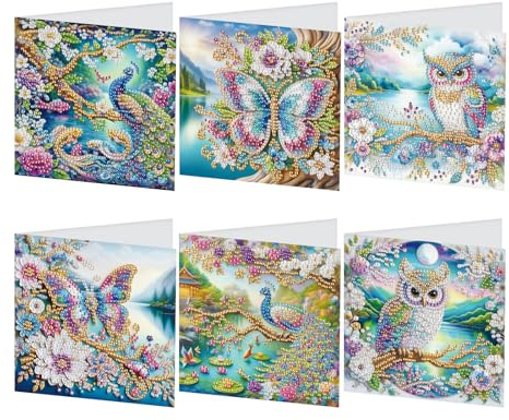 SHEGZHUC Set of 6 Diamond Painting Greeting Cards Set Butterfly Peacock Owls Diamond Painting Cards Animals Birthday Card Thank You Card Blessing Card Holiday Cards Embroidery Diamond Painting Gift