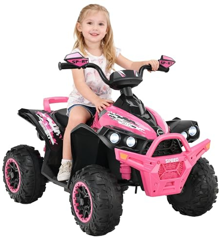OLAKIDS Ride On ATV, 12V Kids 4 Wheeler Battery Powered Motorized Quad with LED Lights, Music, Horn, High Low Speed, Soft Start (Pale Pink)