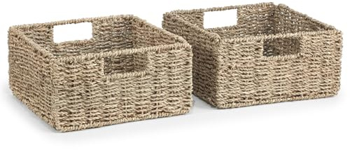Woodluv Storage Baskets Set of 2, Seagrass Baskets for Shelves, Hand-Woven Storage Boxes, Display Hamper Basket, Storage Organiser for Bedroom Bathroom Home or Office