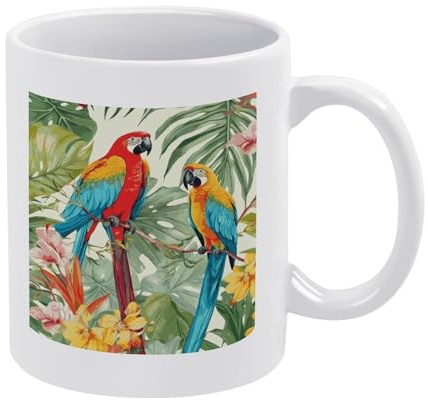 DWTJKMS Tasse à café en céramique blanche avec poignée motif de plantes tropicales et perroquets - Tasse fantaisie en porcelaine avec motif imprimé - Tasse à thé amusante pour homme et femme - Passe