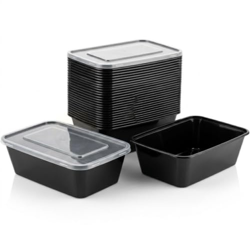 KURTT 100 Stück, Mealprep-Behälter, Mahlzeitsbehälter, Mikrowellenschalen mit Deckeln, Frischhaltebehälter, wiederverwendbar, mikrowellengeeignet, spülmaschinenfest (Schwarz, 750ml)