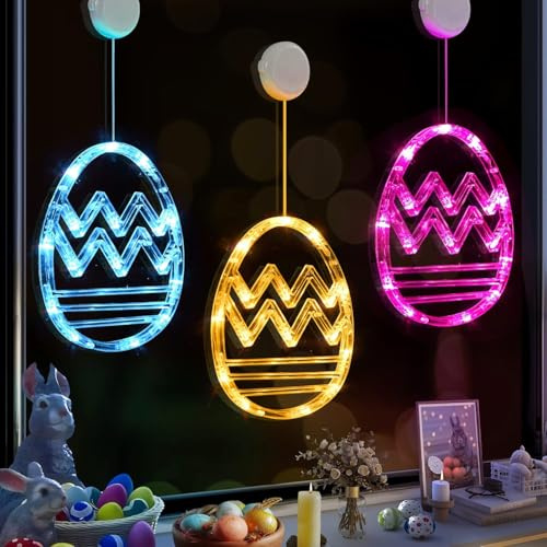 3 Stück Osterdeko Led Fenster Licht, Ostern Deko LED Lichterkette Osternhasen Fensterlichter mit Saugnapf & Batteriebetrie, Osterdeko Für Draußen & Innen, Zuhause Party (A)