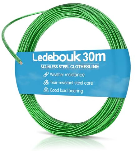 Ledebouk Stendibiancheria 30m, Cavo Stendibiancheria per Esterno, Filo per Stendere, Capacità di Carico 220 kg, Acciaio Rivestito in PVC Antiruggine, per Giardino, Campeggio e Esterno (Verde)