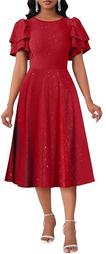 VERWIN Women's Ruffle Short Sleeve Sparkly Round Neck A-Line Pleated Skater Casual Prom Cocktail Evening Midi Dress