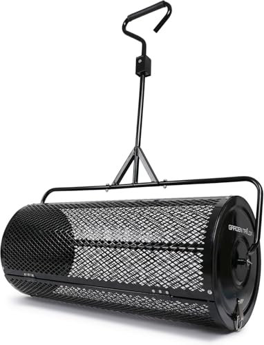 Distribuidor de compost de 36 pulgadas, remolcable, de turba con accesorios de instalación, con rodillo de malla metálica para césped, para tierra vegetal, estiércol, mantillo y abono de cobertura.