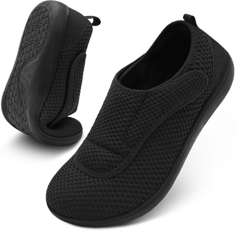 Scurtain Mens Walking Shoes Wide Width Diabetic Shoes for Men Elderly Seniors Adjustable Swollen Feet Neuropathy Orthopedic Edema Shoes Breathable Indoor Outdoor Slippers Size 14 Black
