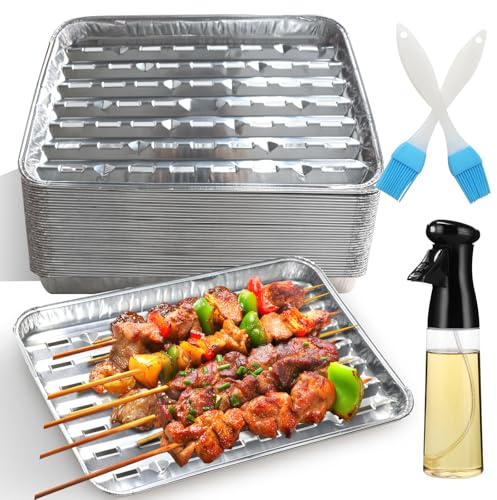 DINGIXOC 30 Pack Disposable Barbecue Aluminium Foil Trays, 34 x 23 x 2.8cm Perforated Grill Pans with Holes for Outdoor Grilling, BBQ, Charcoal Baking
