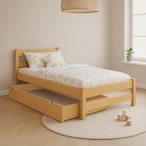 MEBLE WRÓBEL Kinderbett 80x160 cm mit Schublade und Lattenrost - Einzelbett aus Kiefer Massivholz - Kinder Bett Montessori – Jugendbett - ohne Matratze