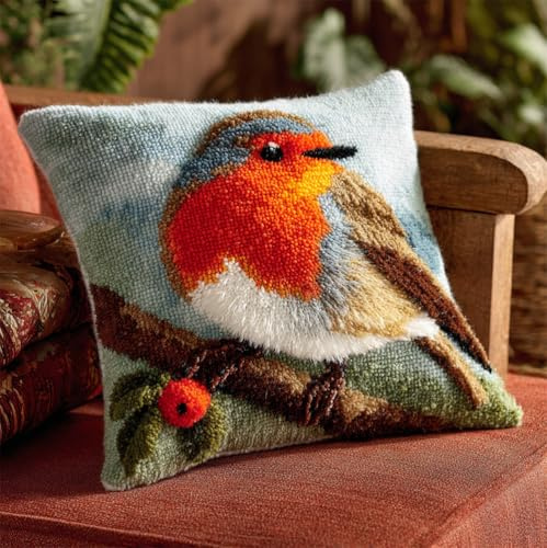 Taxpy Animal Latch Hook Kit Cushion,Robin On A Branch,17X17Inch Pre-Printed DIY Pillow Materials Hooks Knitted Embroidered Pillow Embroidery Latch Hook Carpet for Kids Adults