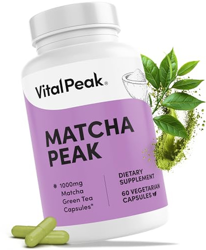Vital Peak Matcha Peak 1000mg - Organic Matcha Green Tea Extract for Weight Loss Support - EGCG Supplements - Vegan, Non GMO, Gluten Free Green Tea Pills - 60 Green Tea Supplement Capsules