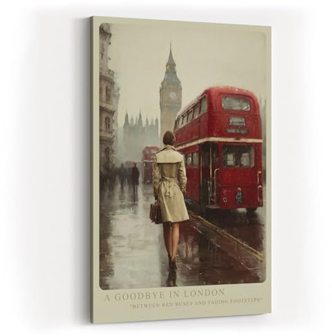 Paul Sinus Wandbild in 40x60cm A Goodbye in London – Rote Doppeldeckerbusse und Big Ben im Hintergrund, nostalgische Stadtszene im Regen