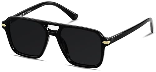 Super Dark Black Lens Retro Square Aviator Polarized Sunglasses Womens Mens | ANDWOOD Trendy Western Plastic Frame Sensitive Eyes UV Protection Blackout Sun Glasses Vintage Pilot Shades Tangle Free