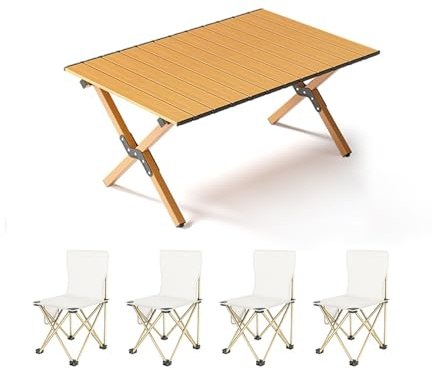 Foldable Camping Table & Chairs SetPortable Outdoor Dining for BBQ Picnic Fishing & Garden PartiesIncludes 90CM Khaki Table & 4 Folding ChairsIndoor/Outdoor Use