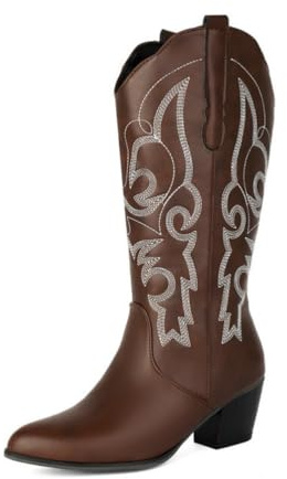 Genérico Botas Cowboy Western para Mujer, Ajuste Ancho, Tacón Grueso, Media Pierna, Bordadas Y con Flecos, Estilo Equitación,Marrón,42 EU