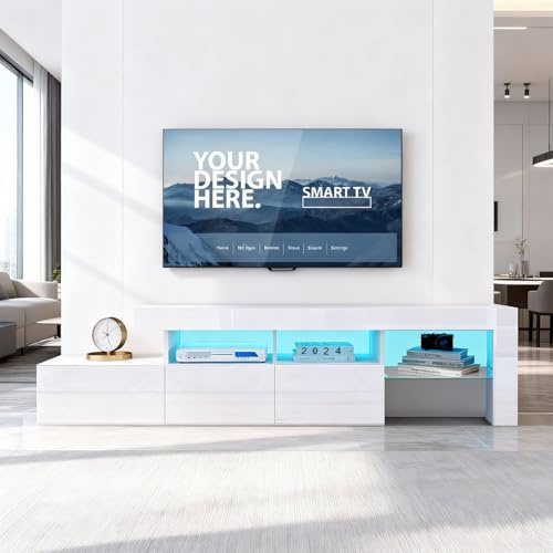 TV Cabinet for Living Room for TV up to 59 inch with 16 Adjustable Colour | High Gloss TV Unit, LED Lights, Modern TV Stand Cabinet, 3 Drawers, 3 Open Shelves