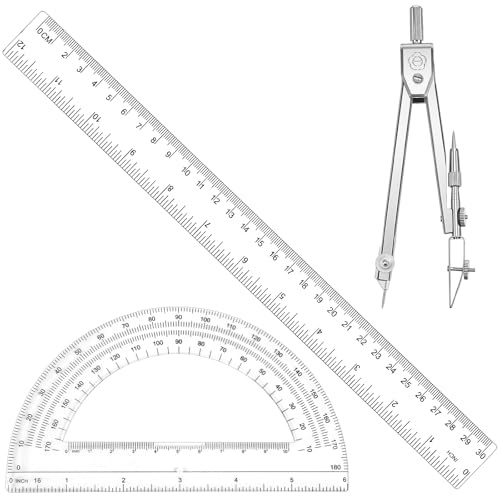 Student Geometry Math Set, 12 Inch/30cm Clear Plastic Ruler, 6 Inch Clear Protractor, Drawing Compass, Ruler Protractor and Compasses Set for School, Office, Classroom, Math Drawing, Drafting, Art