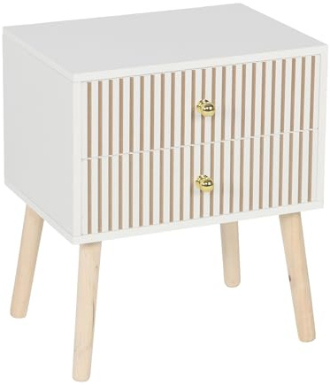 Relaxdays Mesita de Noche, 2 cajones, Frente Acanalado, 47x40x30 cm, Dormitorio, Efecto Madera, Blanco Natural