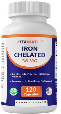 Vitamatic Chelated Iron 36 mg (from Ferrochel® Ferrous Bisglycinate Chelate) – Non-Constipating - 120 Veg Capsules - Non GMO, Gluten Free, Made in USA