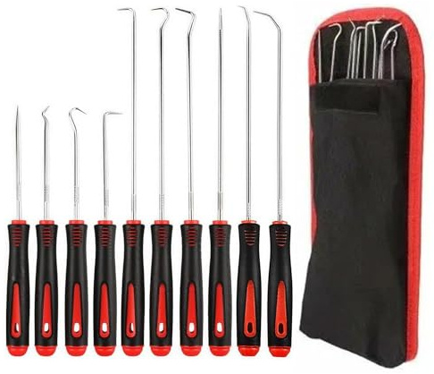 10PCS Hook and Pick Set for Automotive, Oil Seal Removal Tool Kit with Long Shank, Precision Pick Tool Set Mechanic Tools for O Ring Gasket Seal Puller Garage Car Repair Red Handle