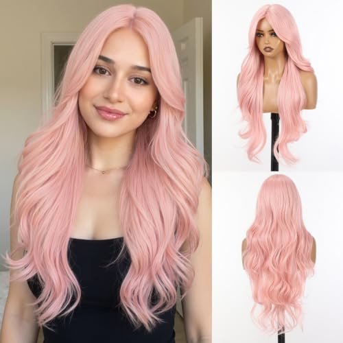 Allbell Pastell rosa syntetisk nätperuk för kvinnor, 71 cm långa våglockar peruk med gardinpony, naturligt mitt hårfäste limfri festival cosplay look
