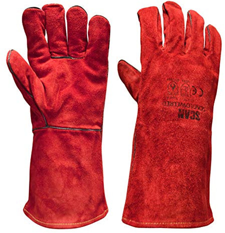 Scan SCAGLOWELRED Welders Gauntlets, Red, 35cm (14in) Cowsplit leather with Kevlar Stitching, Heat Resistant