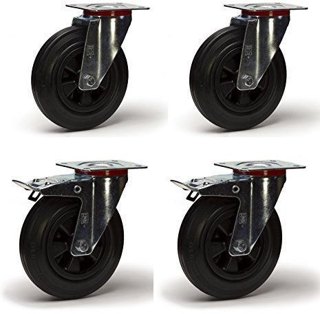 Lot de 4 roulettes pivotantes et pivotantes à frein caoutchouc noir 200 mm - 615 Kg