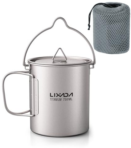 Lixada Camping-Kochgeschirr, 3-teiliges Kochgeschirr-Set aus Titan, 750 ml Topf, 420 ml Wassertasse mit Deckel, klappbarer Griff, faltbarer Göffel für Outdoor-Aktivitäten, Rucksackreisen, 750ML Pot