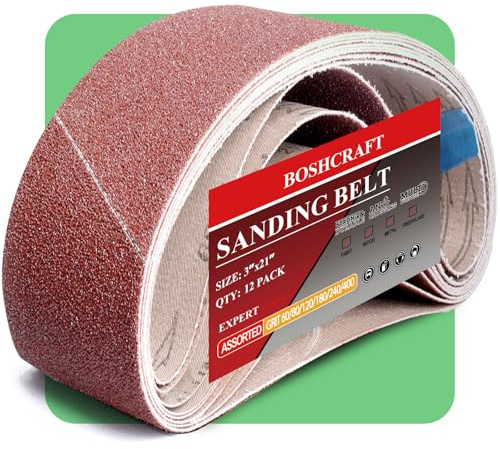 Boshcraft 21 Pack 3 x 21 Inch Sanding Belts, 3x21 Belt Sander Sanding Belts 40/60/80/120/180/240/400 Grits Assortment Sanding Belt for Belt Sander Knife Sharpening Woodworking Metal Polishing