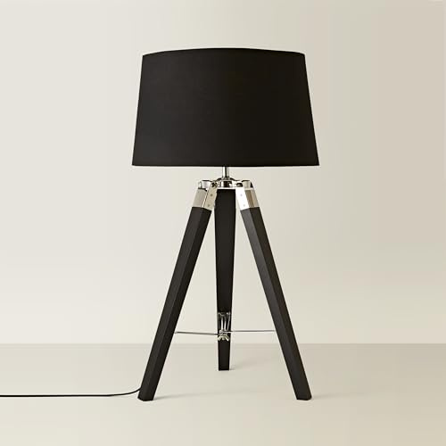 MiniSun | Black Wood and Silver Chrome Tripod Table Lamp with a Black Light Shade | Home Décor, Bedside & Desk Lamp