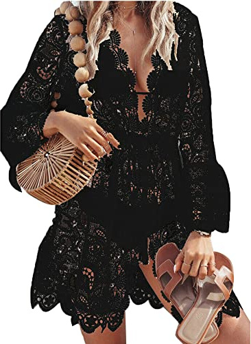 Robe de plage en dentelle florale avec col en V pour femme, Dentelle noire en Y, S