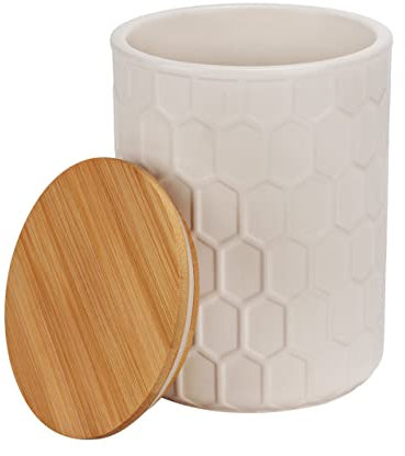 WENKO Aufbewahrungsdose Maya aus hochwertiger weißer Keramik mit Wabenstruktur, spülmaschinengeeignete Dose mit luftdicht verschließbarem Deckel aus Bambus, FSC Zertifiziert, 1,3 L, 13 x 17 cm