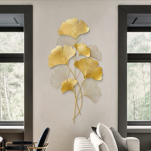 SanBouSi Wanddekoration Ginkgo 3D Wandbild aus Metall, Wanddeko Blätter Wandverzierung Wandskulpturen, Hintergrund Wand Wohnzimmer Dekoration, Gold 110x55 cm