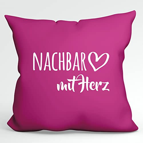 Huuraa Kissen Nachbar mit Herz Deko Couchkissen mit Füllung 40x40cm Fuchsia mit Motiv für die tollsten Menschen Geschenk Idee für Freunde und Familie