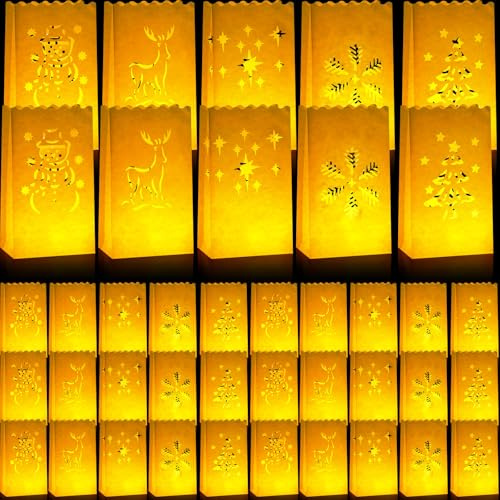 Crtiin 100 Pieces Christmas Luminary Bags White Paper Flame Luminary Resistant, 5 Holiday Designs: Tree, Snowflake, Snowman, Reindeer Candle Lantern Bags for Christmas Party Decoration