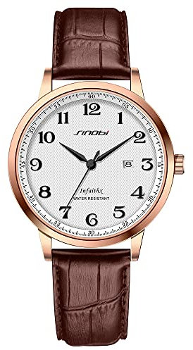 SHENGKE SINOBI Attività classica Orologi da uomo Numeri arabi Easy Reader Orologi da polso per uomo con calendario Data Resistente all'acqua (Rosegold-Brown-Leather)