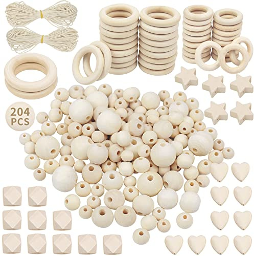 Holzperlen Holzringe Set 204 Stück, Holzperlen zum auffädeln Natur, Holzkugeln mit Loch und Holzringe zum Basteln DIY Makramee, Runde Holz Perlen für Schmuck Zubehör